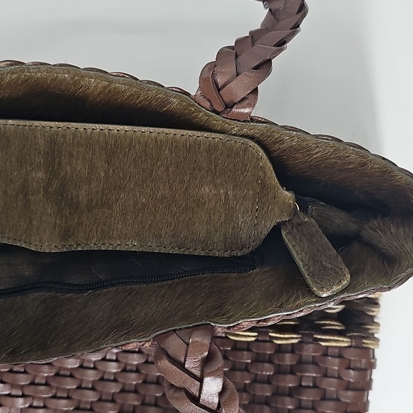 Woven Leather & Suede Brown & Tan Handbag w Braided Handles & Cowhide Accents - Picture 9 of 12